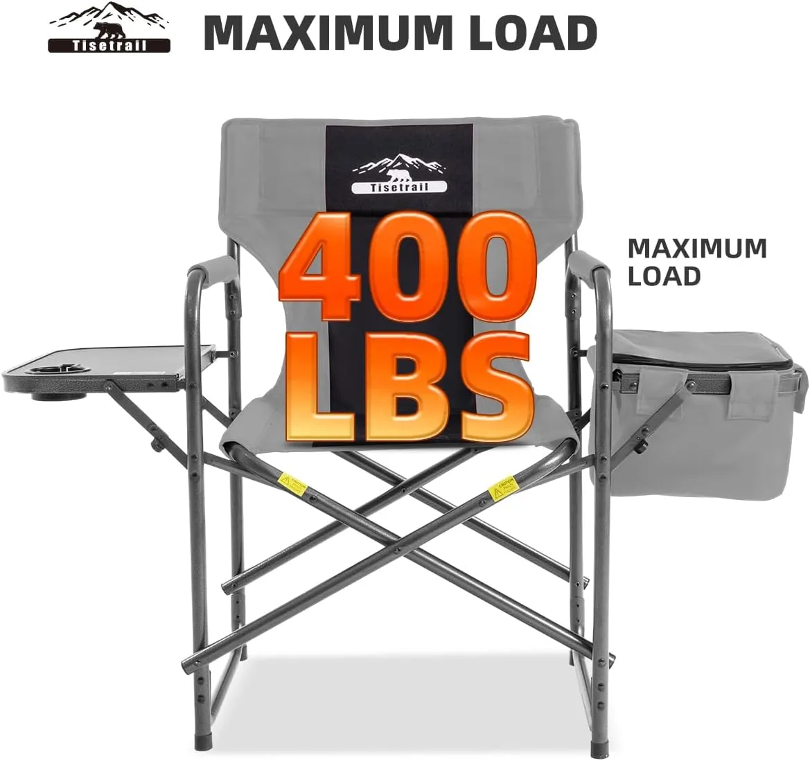 Director Camping Chairs with Cooler Bag & Foldable Side Tray - Set of 2 Heavy-Duty Outdoor Folding Lawn Chairs (400lbs Capacity, Black & Gray)