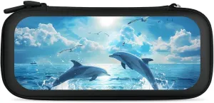 Dolphins Jumping Out of Water Hard Shell Travel Case with Rope 15 Game Card Pockets Compatible with Switch Protective