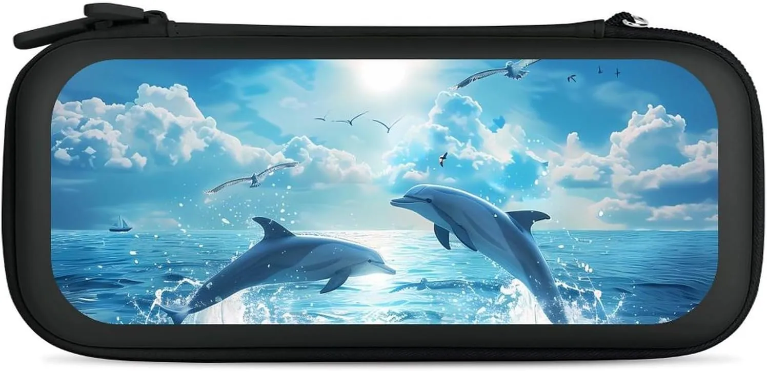 Dolphins Jumping Out of Water Hard Shell Travel Case with Rope 15 Game Card Pockets Compatible with Switch Protective