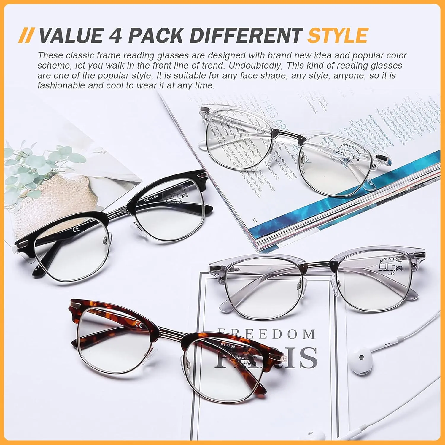 DOOViC 4 Pack Blue Light Blocking Reading Glasses Anti Eyestrain Fashion Classic Style Spring Hinge Computer Readers for Women Men 2.00 Strength