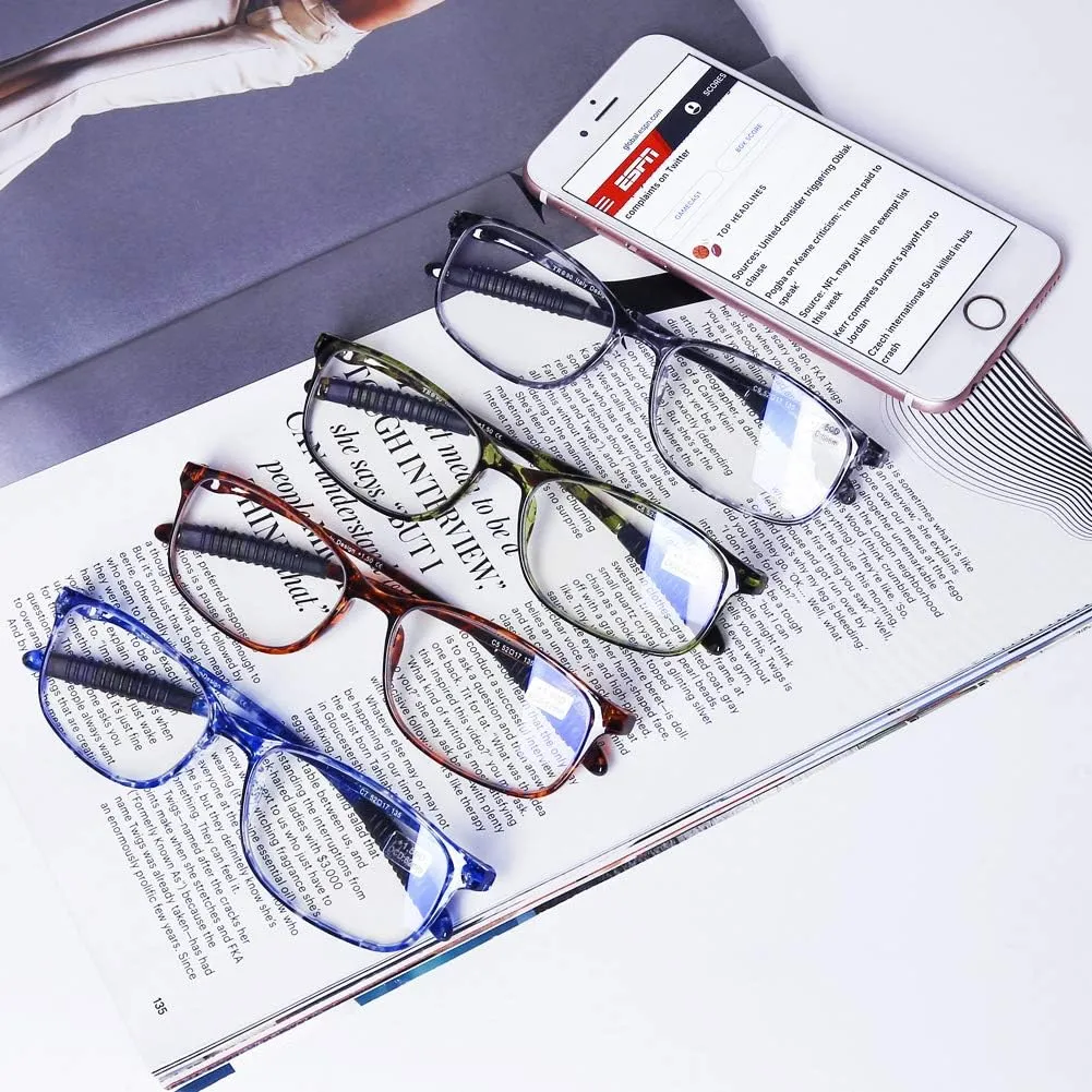 DOOViC Computer Reading Glasses 4 Pack Blue Light Blocking Glasses Anti Eyestrain Flexible Lightweight Readers for Women Men