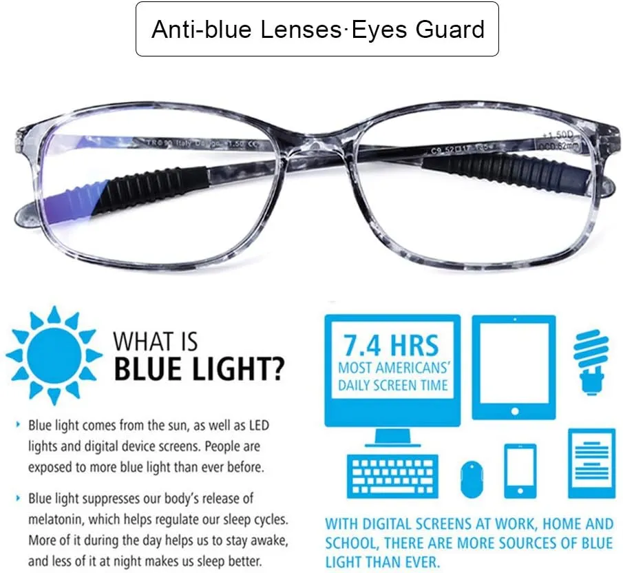 DOOViC Computer Reading Glasses 4 Pack Blue Light Blocking Glasses Anti Eyestrain Flexible Lightweight Readers for Women Men