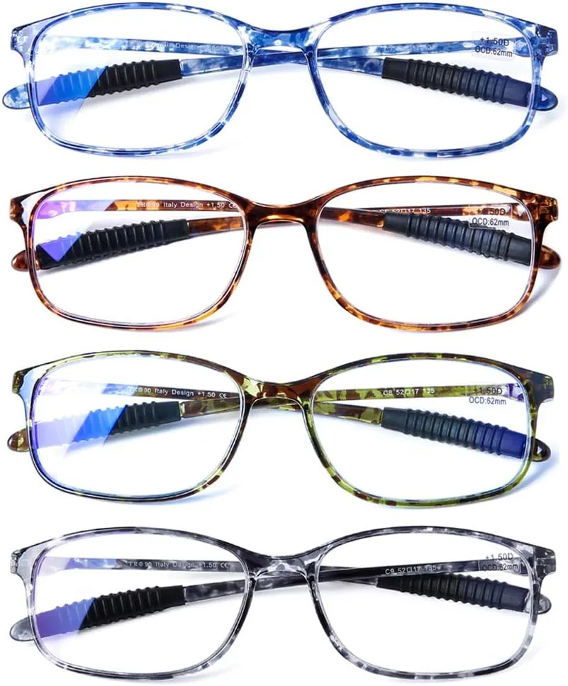 DOOViC Computer Reading Glasses 4 Pack Blue Light Blocking Glasses Anti Eyestrain Flexible Lightweight Readers for Women Men