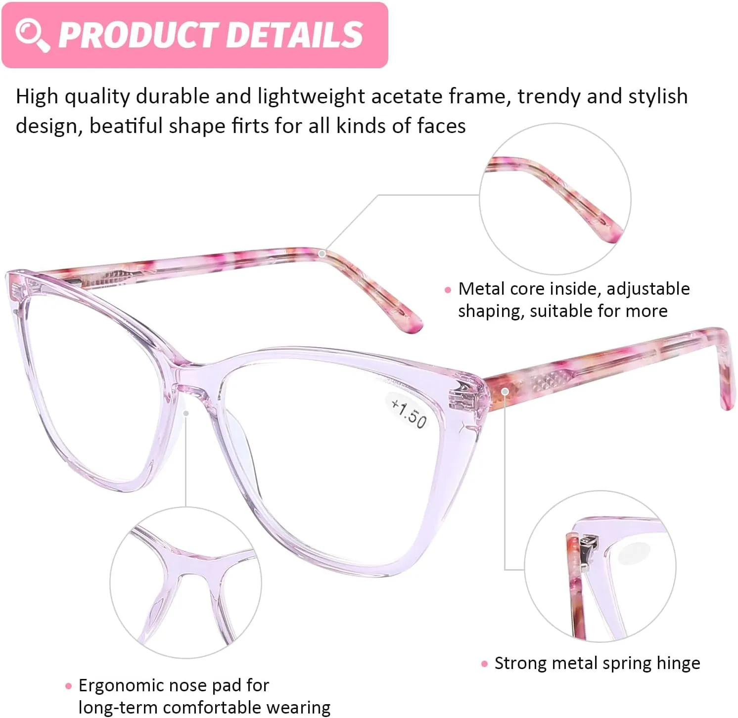 DOOViC Computer Reading Glasses Blue Light Blocking Anti Eyestrain Fashion Cat Eye Spring Hinge Readers for Women 0.0 Strength