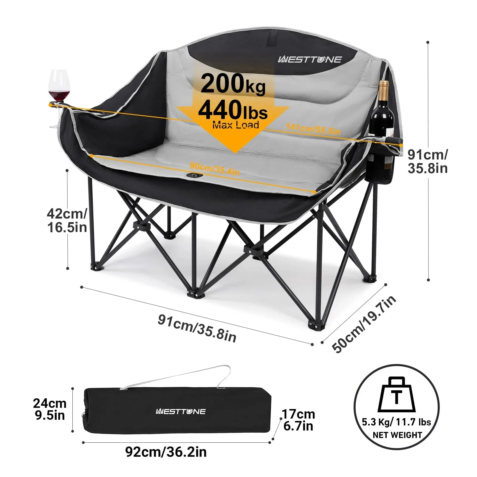 Double Folding Camping Loveseat with Cup Holders Support 440 lbs