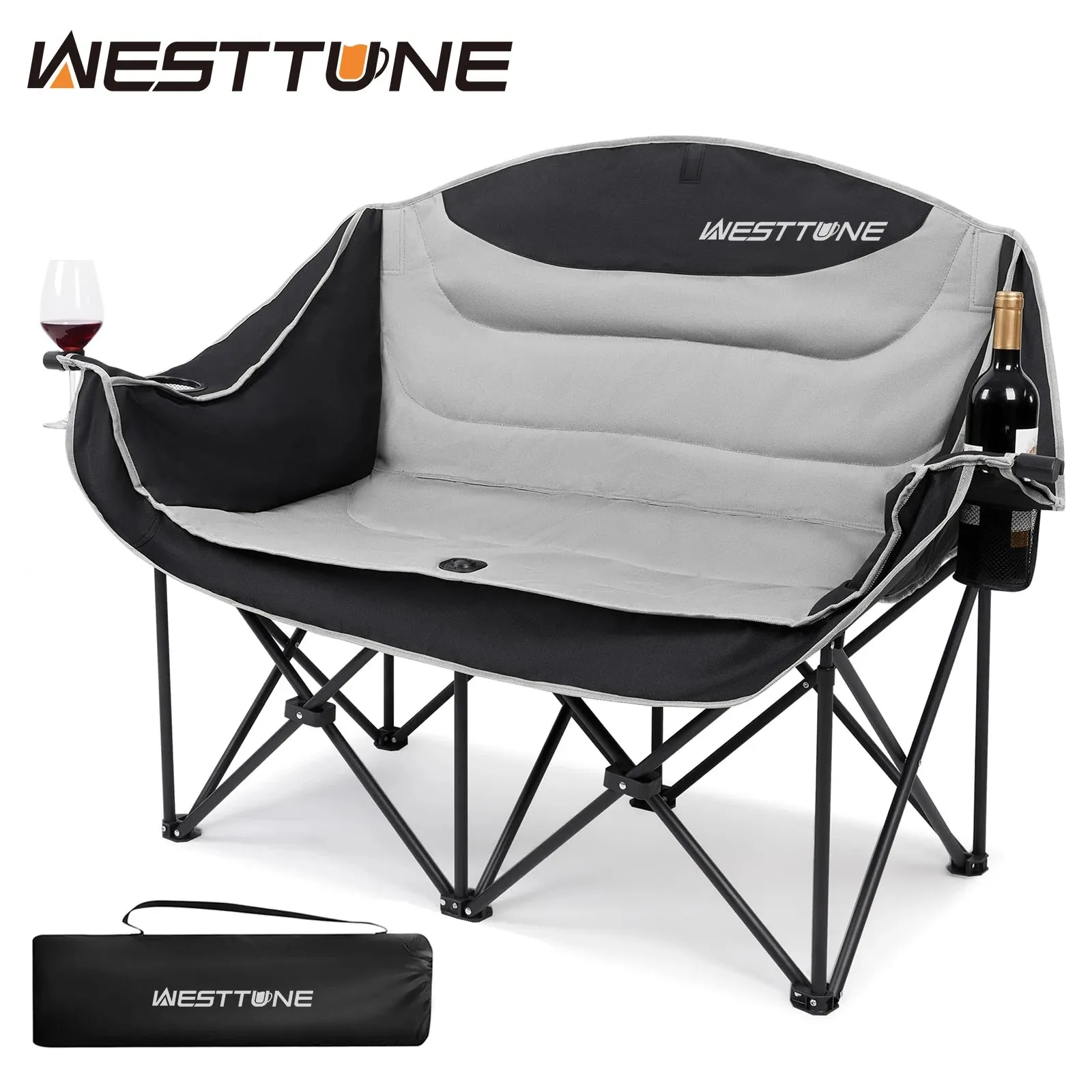 Double Folding Camping Loveseat with Cup Holders Support 440 lbs