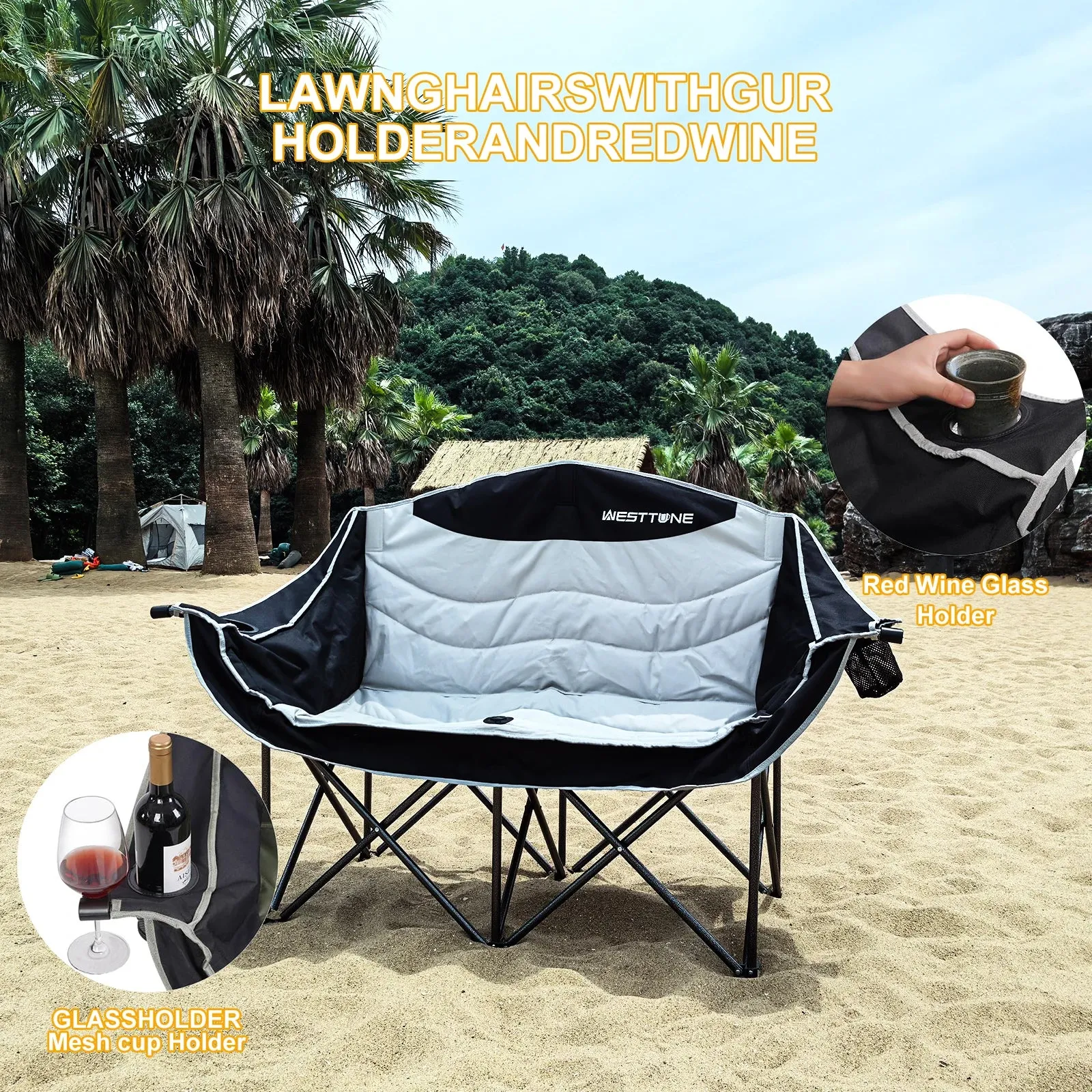 Double Folding Camping Loveseat with Cup Holders Support 440 lbs