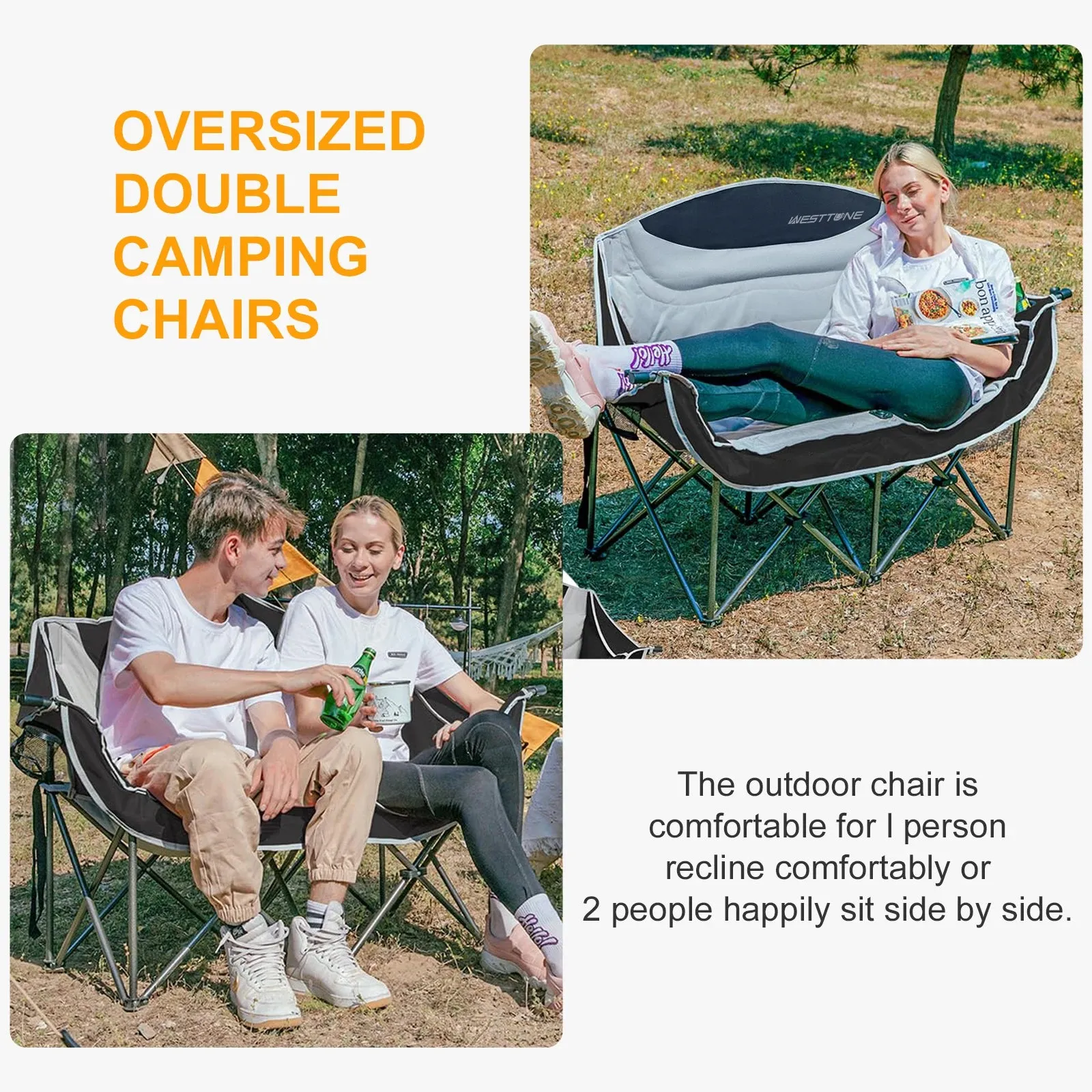Double Folding Camping Loveseat with Cup Holders Support 440 lbs