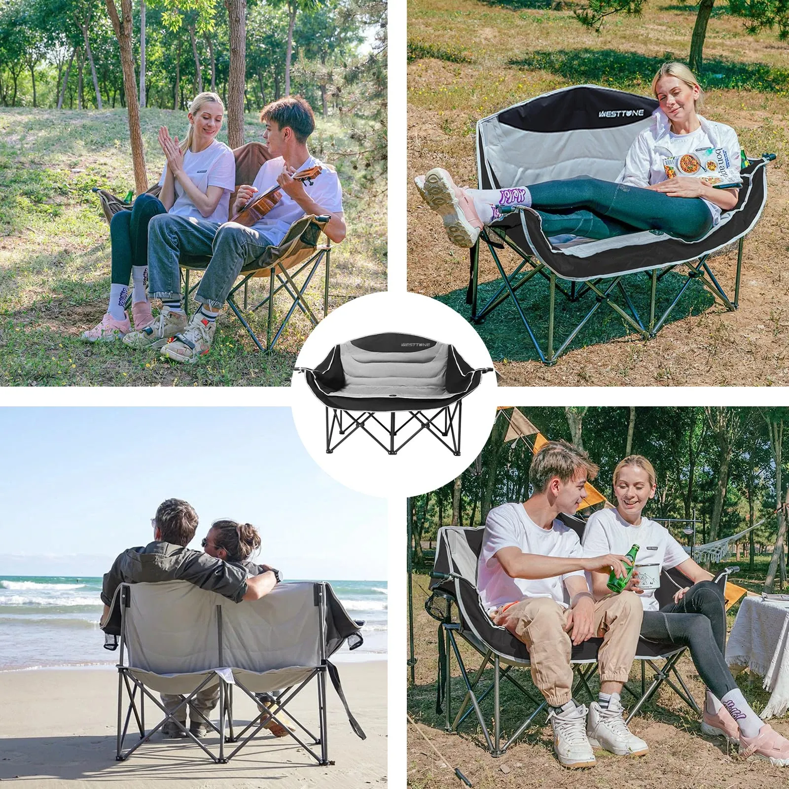 Double Folding Camping Loveseat with Cup Holders Support 440 lbs