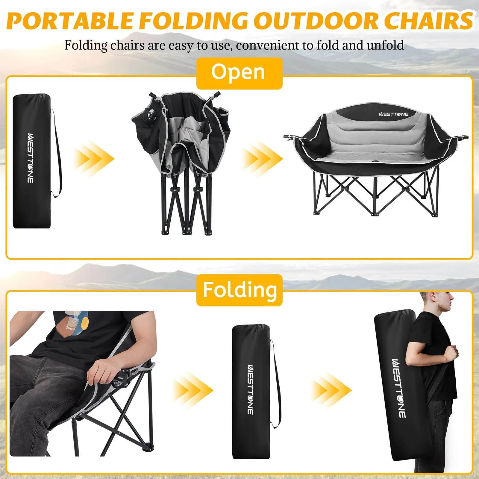 Double Folding Camping Loveseat with Cup Holders Support 440 lbs