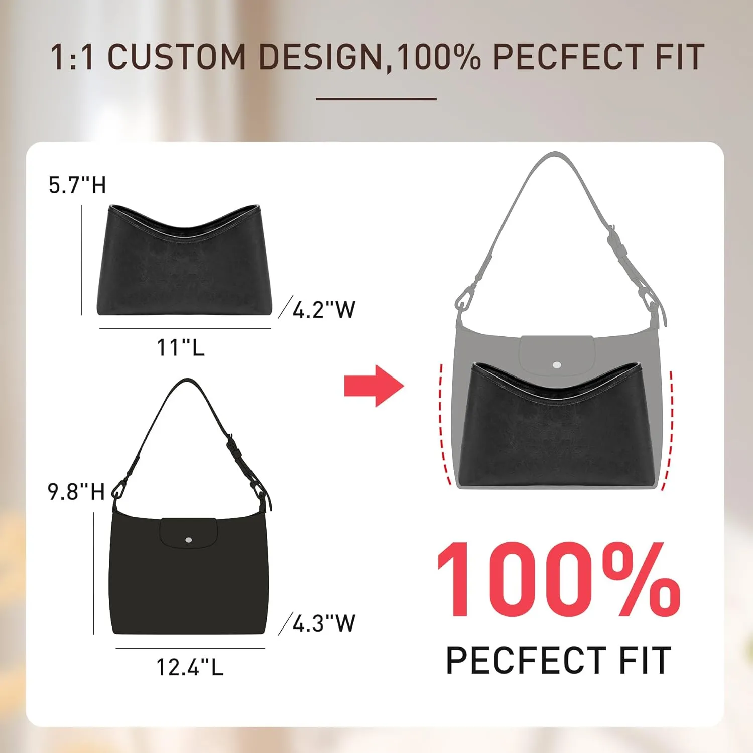 Doxo Purse Organizer Insert Compatible with Longchamp Hobo, Extra Lightweight Waterproof Bag Organizer with YKK Zip（Black，Hobo）