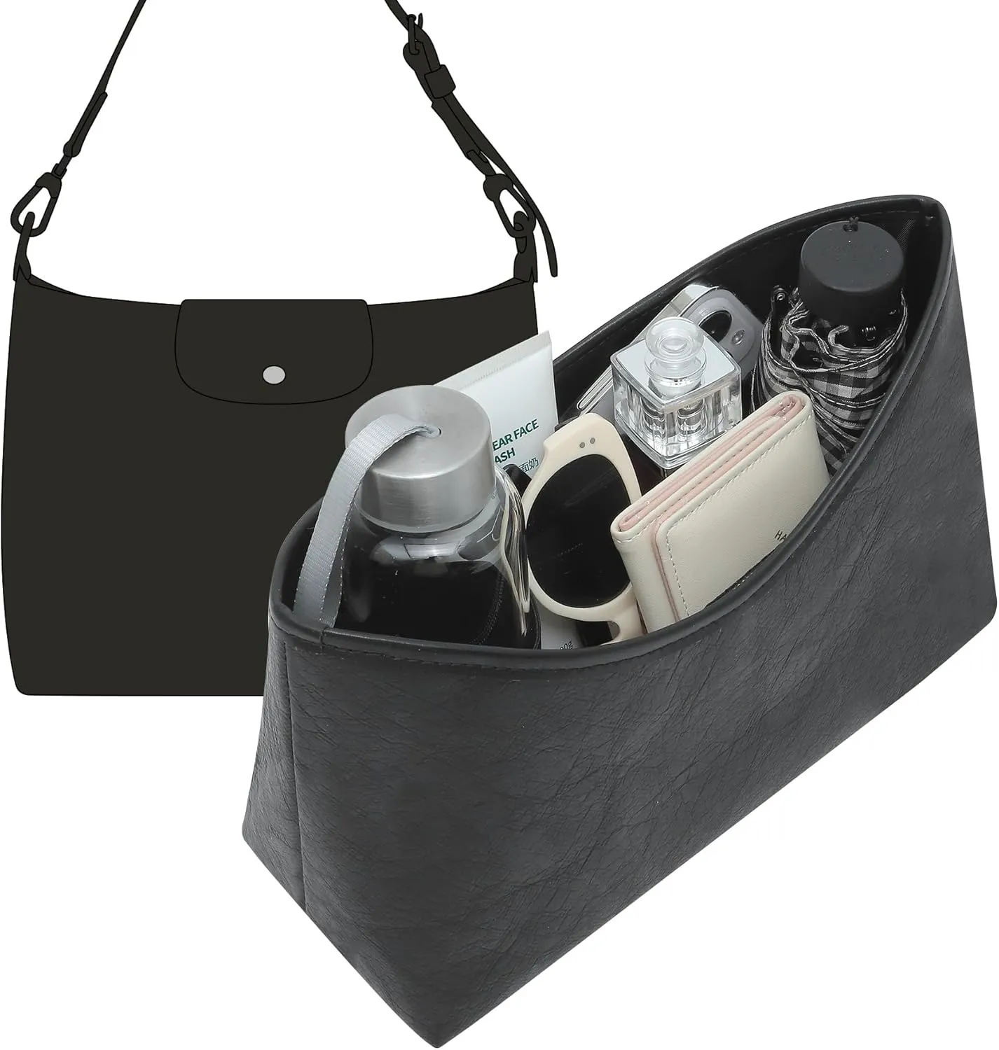 Doxo Purse Organizer Insert Compatible with Longchamp Hobo, Extra Lightweight Waterproof Bag Organizer with YKK Zip（Black，Hobo）