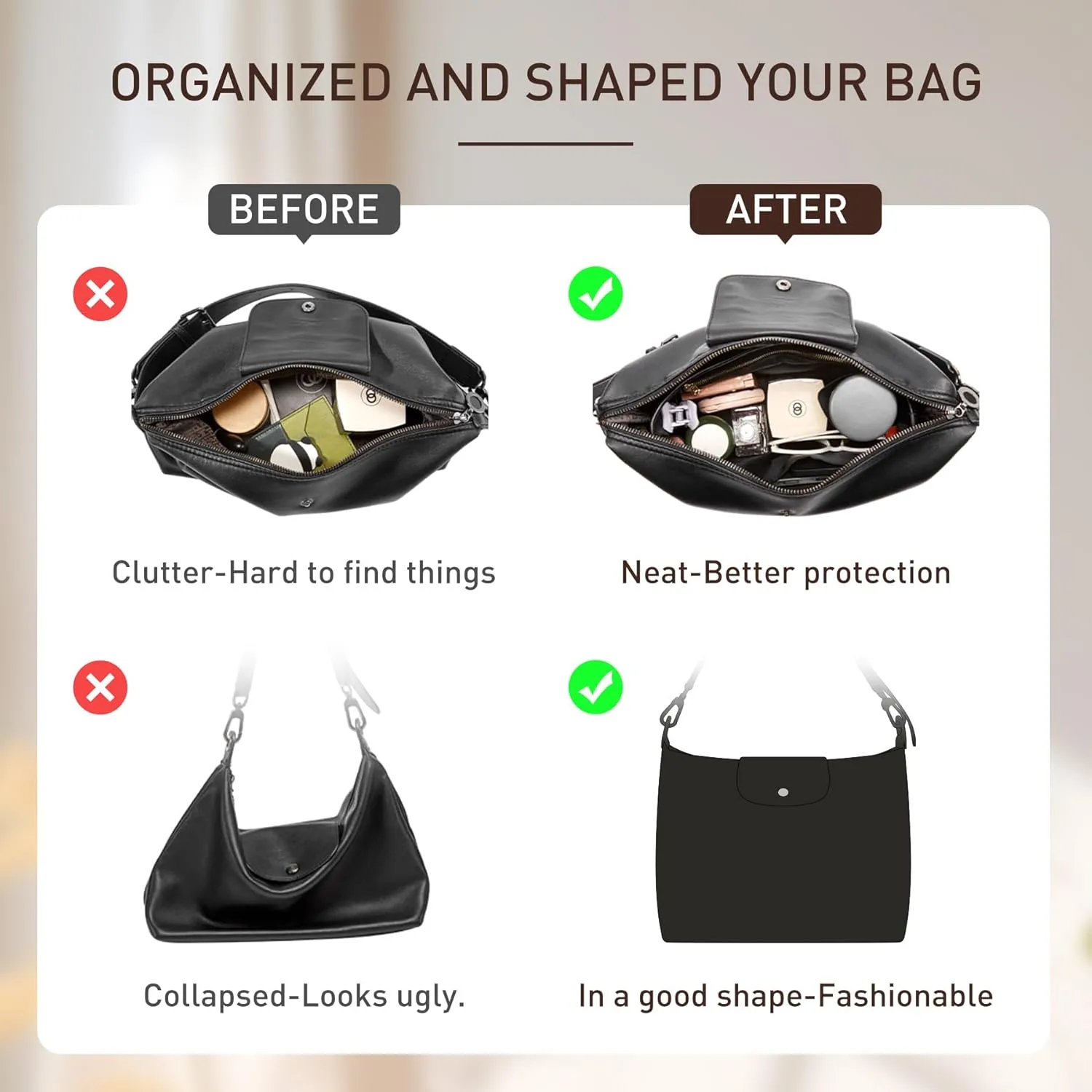 Doxo Purse Organizer Insert Compatible with Longchamp Hobo, Extra Lightweight Waterproof Bag Organizer with YKK Zip（Black，Hobo）