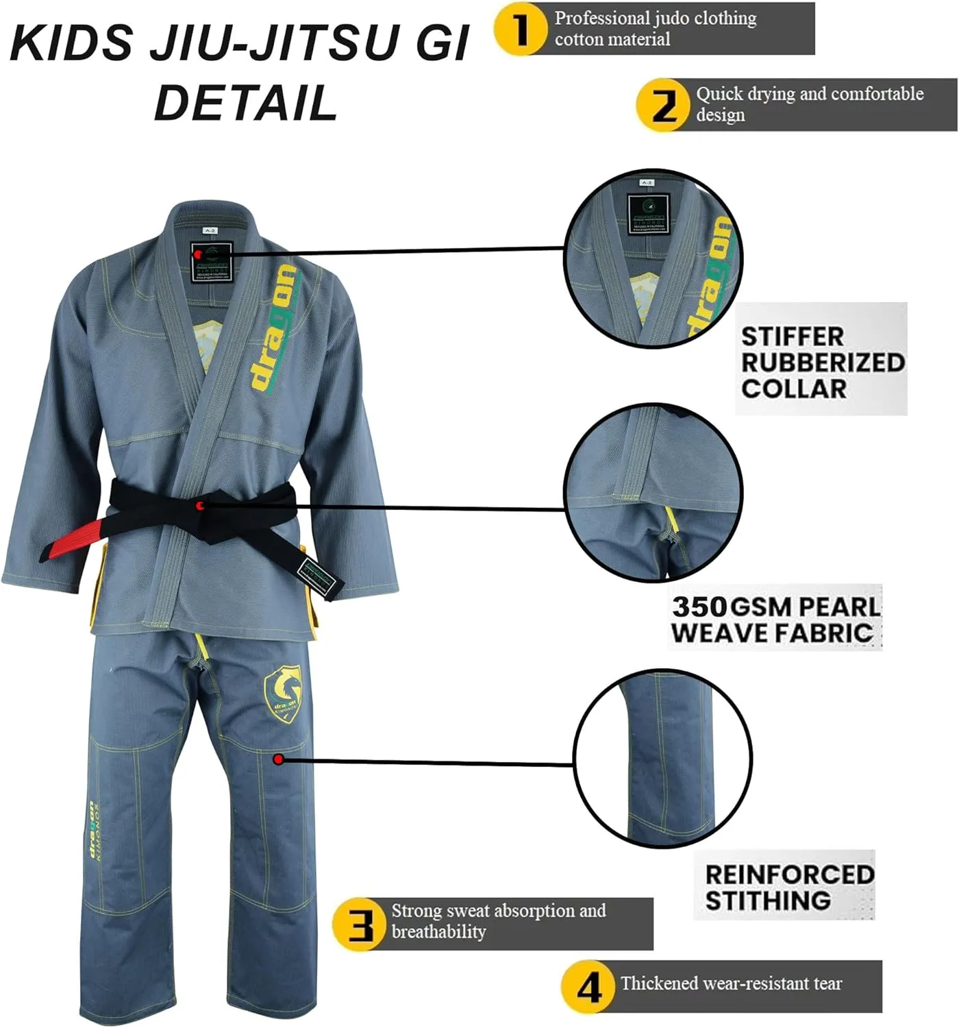 Dragon Brazilian Jiu Jitsu Gi for Kids – Ultra-Light, Preshrunk Youth Grappling Uniform with Free Belt & Bag