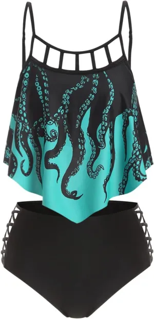 DRESSFO Women's Tankini Swimsuits Two Piece Padded Ruffled Flounce Bikini Set Ruched High Waisted Gothic Bathing Suit