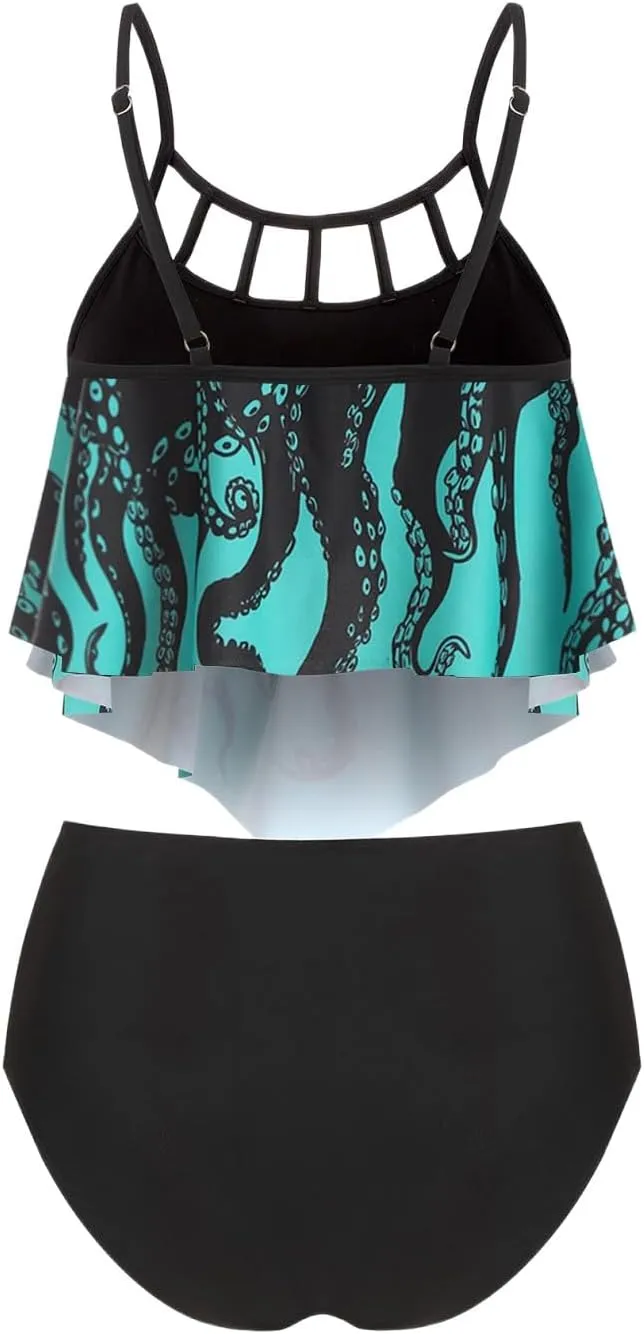 DRESSFO Women's Tankini Swimsuits Two Piece Padded Ruffled Flounce Bikini Set Ruched High Waisted Gothic Bathing Suit