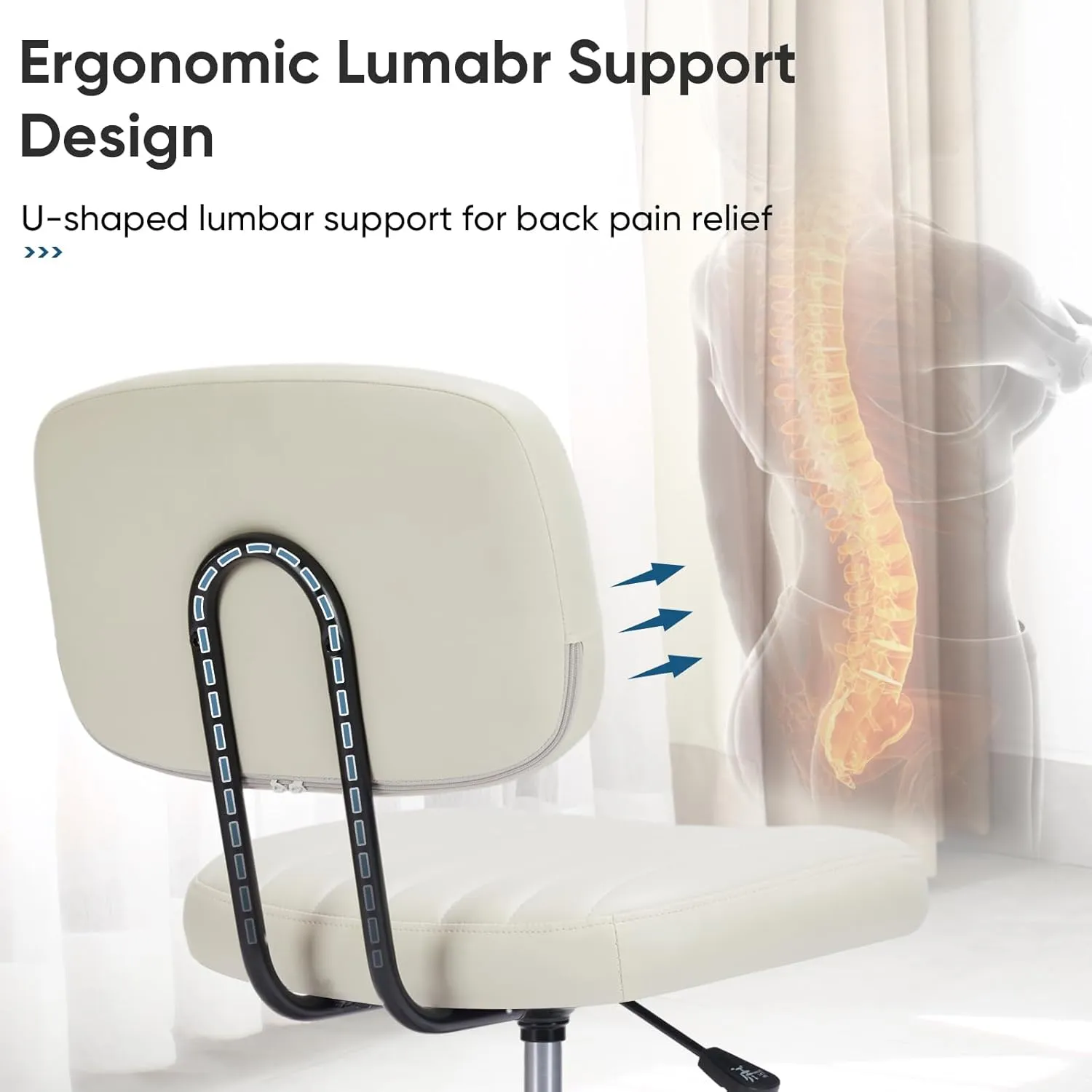DUMOS Armless Home Office Desk Chair -Small Ergonomic with Low Back Lumbar Support, Height Adjustable PU Leather Computer Task with 360° Swivel Rolling Wheels, for Small Space, Beige White