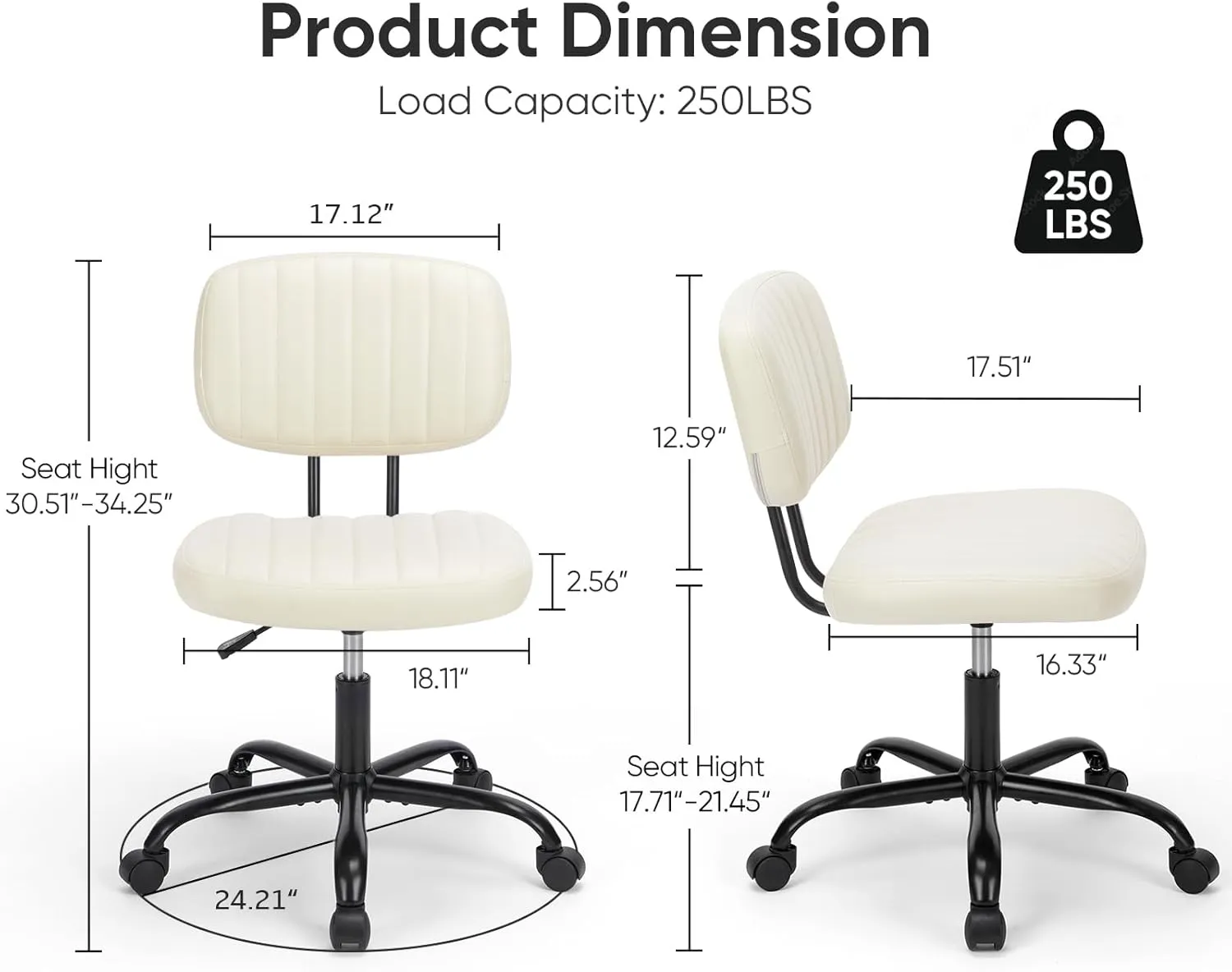 DUMOS Armless Home Office Desk Chair -Small Ergonomic with Low Back Lumbar Support, Height Adjustable PU Leather Computer Task with 360° Swivel Rolling Wheels, for Small Space, Beige White