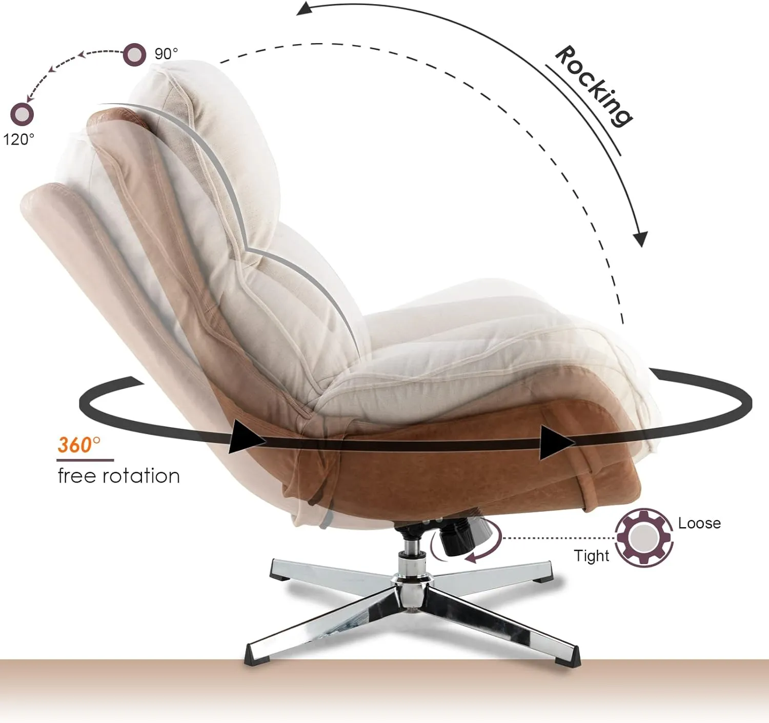 DUOMAY Swivel Accent Chair, Modern Linen Soft Foam Lounge Chair with High Back, Comfy Rocker Chair for Living Room Bedroom Reading Room Office, Tilt & Swivel, Chrome Base, Beige