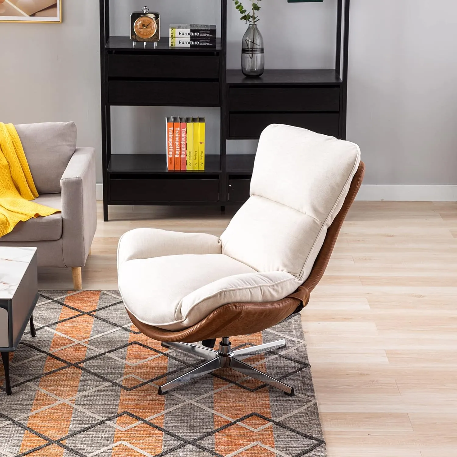 DUOMAY Swivel Accent Chair, Modern Linen Soft Foam Lounge Chair with High Back, Comfy Rocker Chair for Living Room Bedroom Reading Room Office, Tilt & Swivel, Chrome Base, Beige