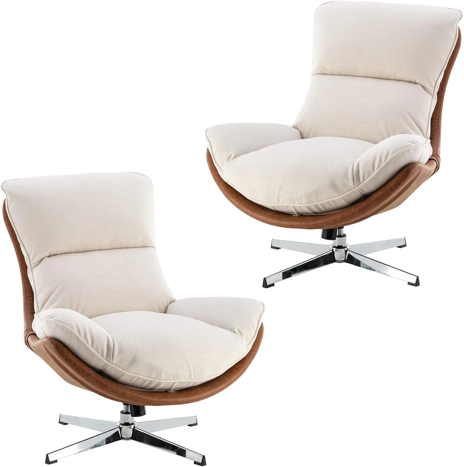 DUOMAY Swivel Accent Chair Set of 2, Modern Linen Soft Foam Lounge Chair with High Back, Comfy Rocker Chair for Living Room Bedroom Reading Room Office, Tilt & Swivel, Chrome Base, Beige