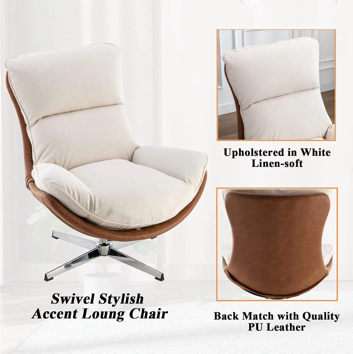 DUOMAY Swivel Accent Chair Set of 2, Modern Linen Soft Foam Lounge Chair with High Back, Comfy Rocker Chair for Living Room Bedroom Reading Room Office, Tilt & Swivel, Chrome Base, Beige