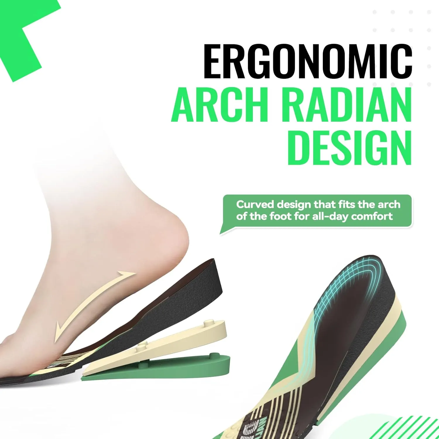 DynWalker Lift Insole Boost Inner Sole 2.95 Inch Heel Pads for Shoes Anti-Slip Flexible Soft Cushioned Heel Massage for Uneven Legs Adjustable Size 2 Layer S Green