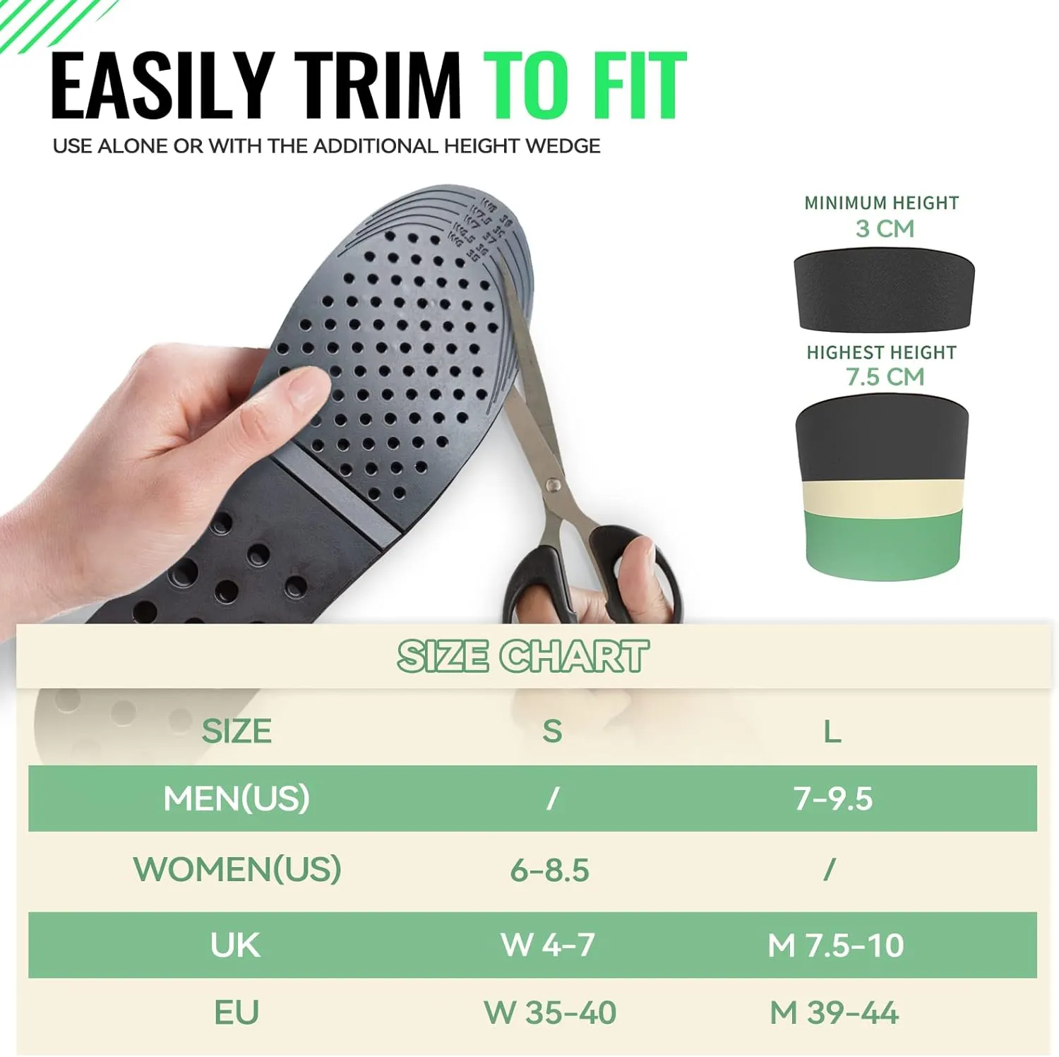 DynWalker Lift Insole Boost Inner Sole 2.95 Inch Heel Pads for Shoes Anti-Slip Flexible Soft Cushioned Heel Massage for Uneven Legs Adjustable Size 2 Layer S Green