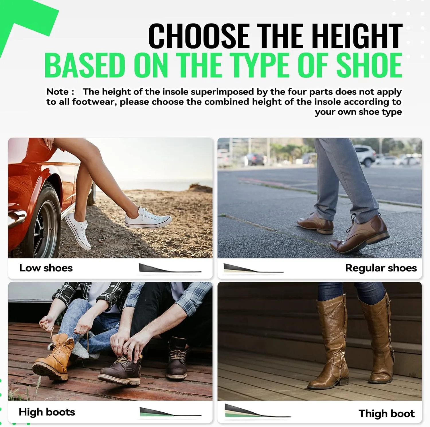 DynWalker Lift Insole Boost Inner Sole 2.95 Inch Heel Pads for Shoes Anti-Slip Flexible Soft Cushioned Heel Massage for Uneven Legs Adjustable Size 2 Layer S Green