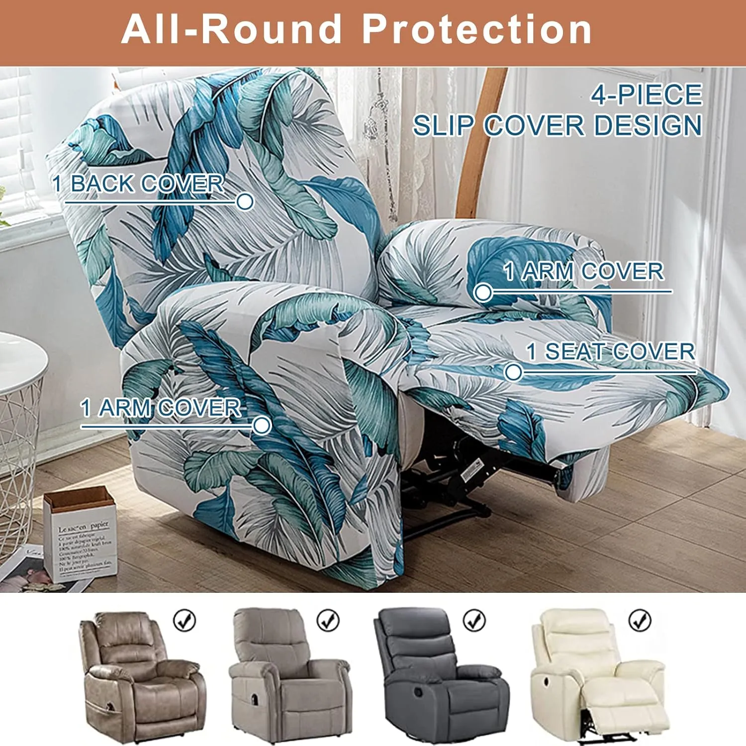 Eco-Ancheng Recliner Slipcovers 4-Pieces Recliner Chair Covers Lazy Boy Chair Covers Stretch Recliner Couch Covers Fitted Non Slip Reclining Slipcovers Furniture Protector for Recliner with Pocket