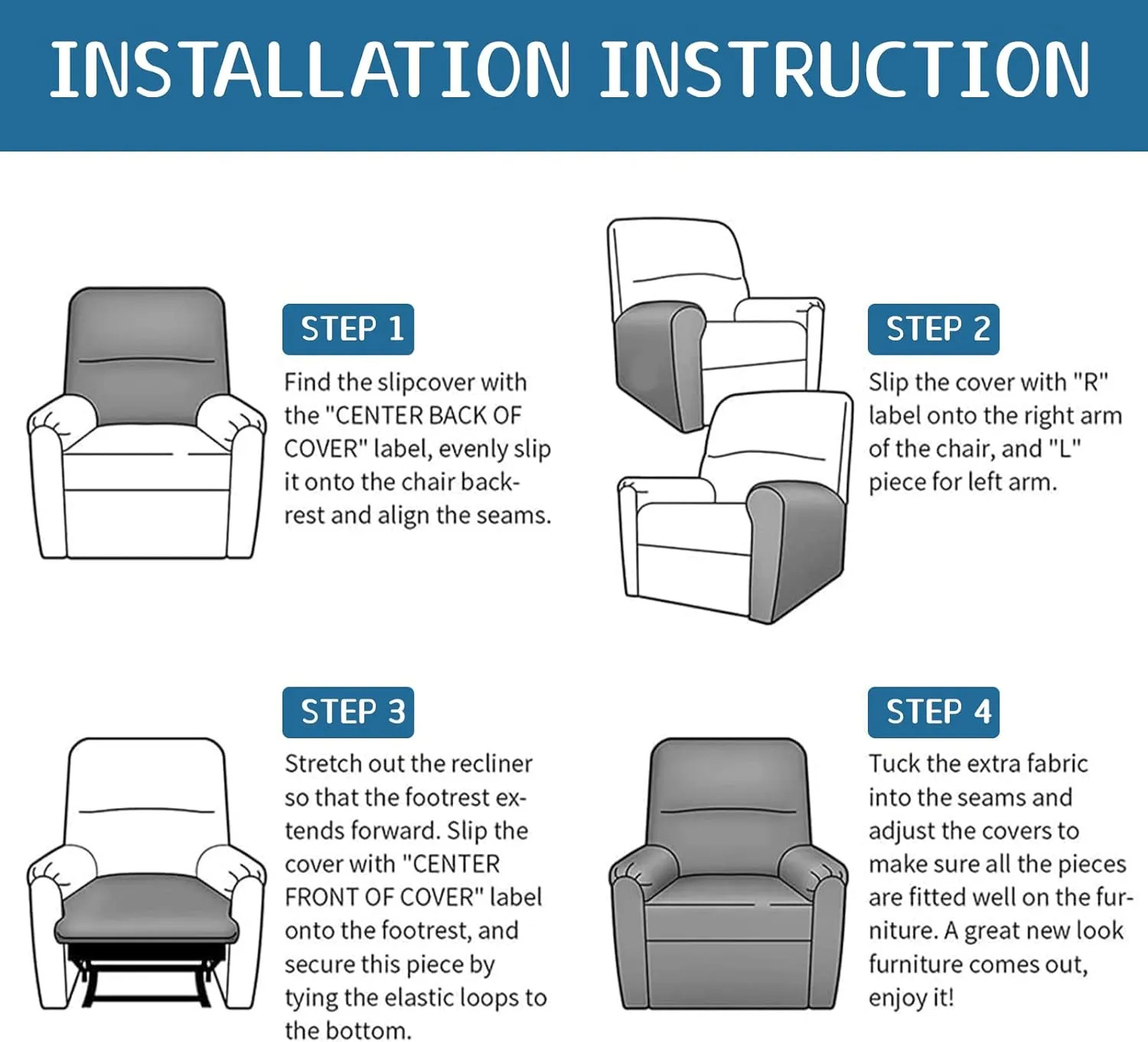 Eco-Ancheng Recliner Slipcovers 4-Pieces Recliner Chair Covers Lazy Boy Chair Covers Stretch Recliner Couch Covers Fitted Non Slip Reclining Slipcovers Furniture Protector for Recliner with Pocket