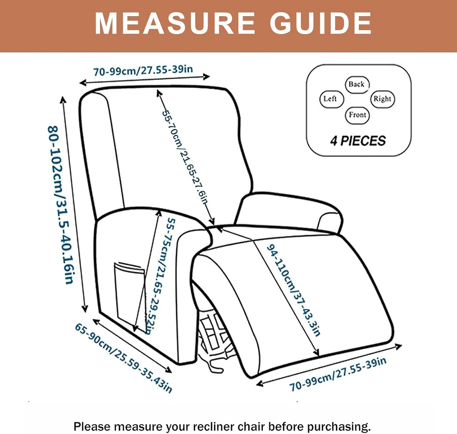 Eco-Ancheng Recliner Slipcovers 4-Pieces Recliner Chair Covers Lazy Boy Chair Covers Stretch Recliner Couch Covers Fitted Non Slip Reclining Slipcovers Furniture Protector for Recliner with Pocket