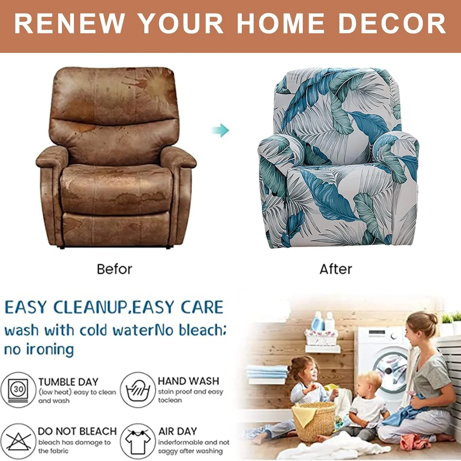 Eco-Ancheng Recliner Slipcovers 4-Pieces Recliner Chair Covers Lazy Boy Chair Covers Stretch Recliner Couch Covers Fitted Non Slip Reclining Slipcovers Furniture Protector for Recliner with Pocket