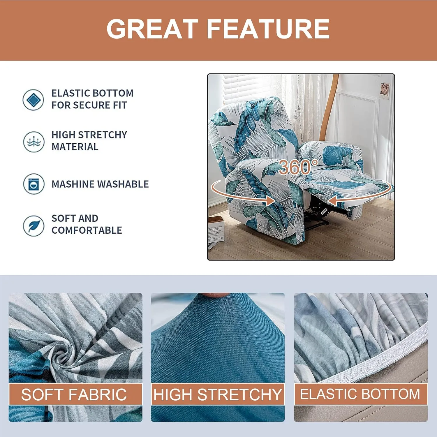 Eco-Ancheng Recliner Slipcovers 4-Pieces Recliner Chair Covers Lazy Boy Chair Covers Stretch Recliner Couch Covers Fitted Non Slip Reclining Slipcovers Furniture Protector for Recliner with Pocket