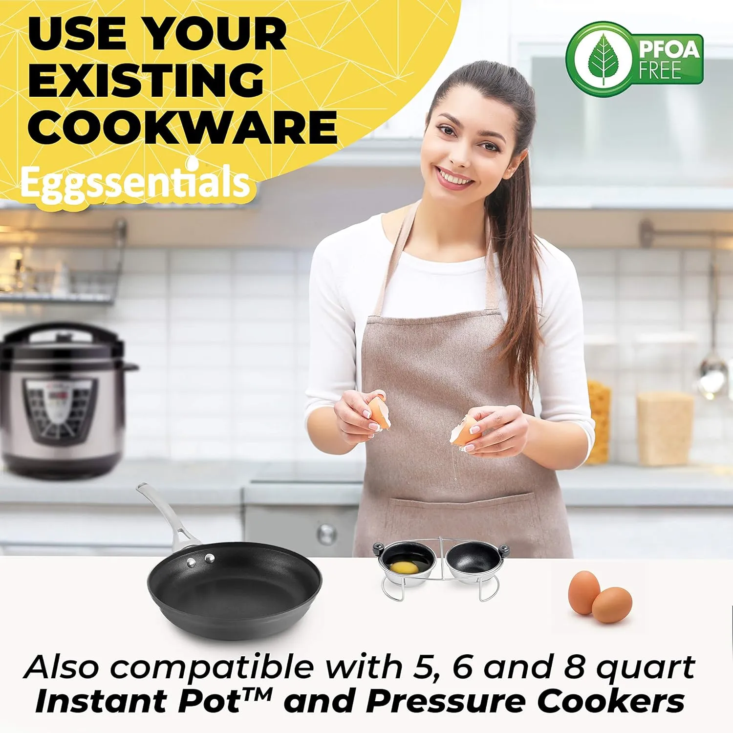 Eggssentials Egg Poacher Insert Stainless Steel Poached Egg Cooker Eggs Poaching Cup PFOA Free Egg Poachers Nonstick, 6.25" Rack Compatible with Skillet Instant Pot Pressure Cooker, 2 Poached Cups