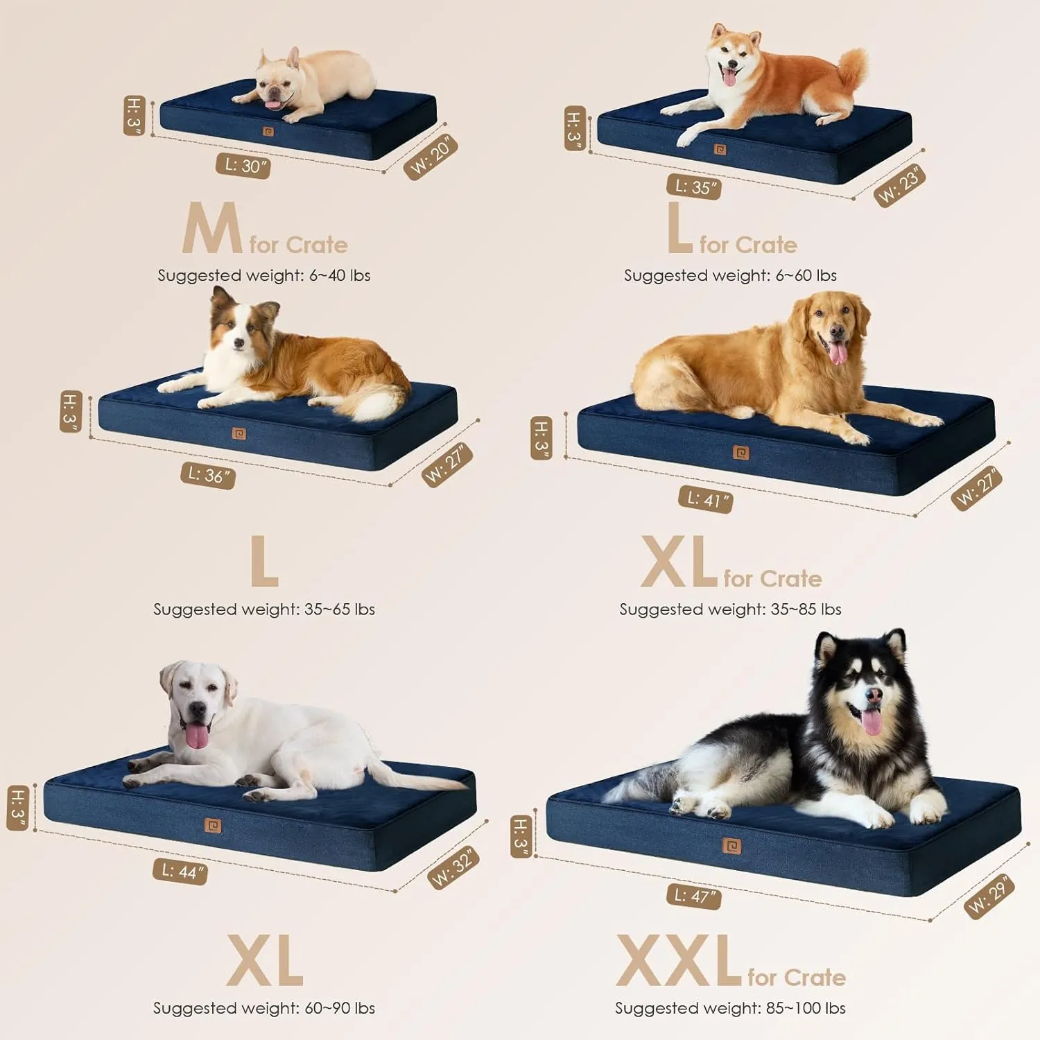 EHEYCIGA Orthopedic Memory Foam Dog Beds for Jumbo Dogs with Removable Waterproof Liner, Navy, 47x29