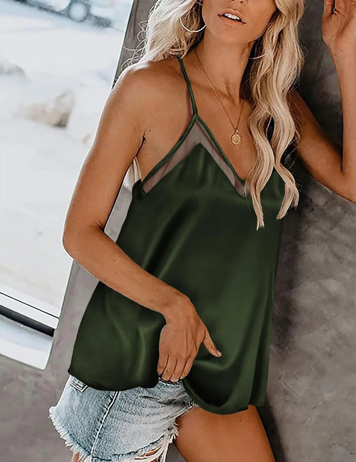 Ekouaer Silk Tank Top for Women Mesh V Neck Satin Camisole Silky Sleeveless Tank Cami Shirt