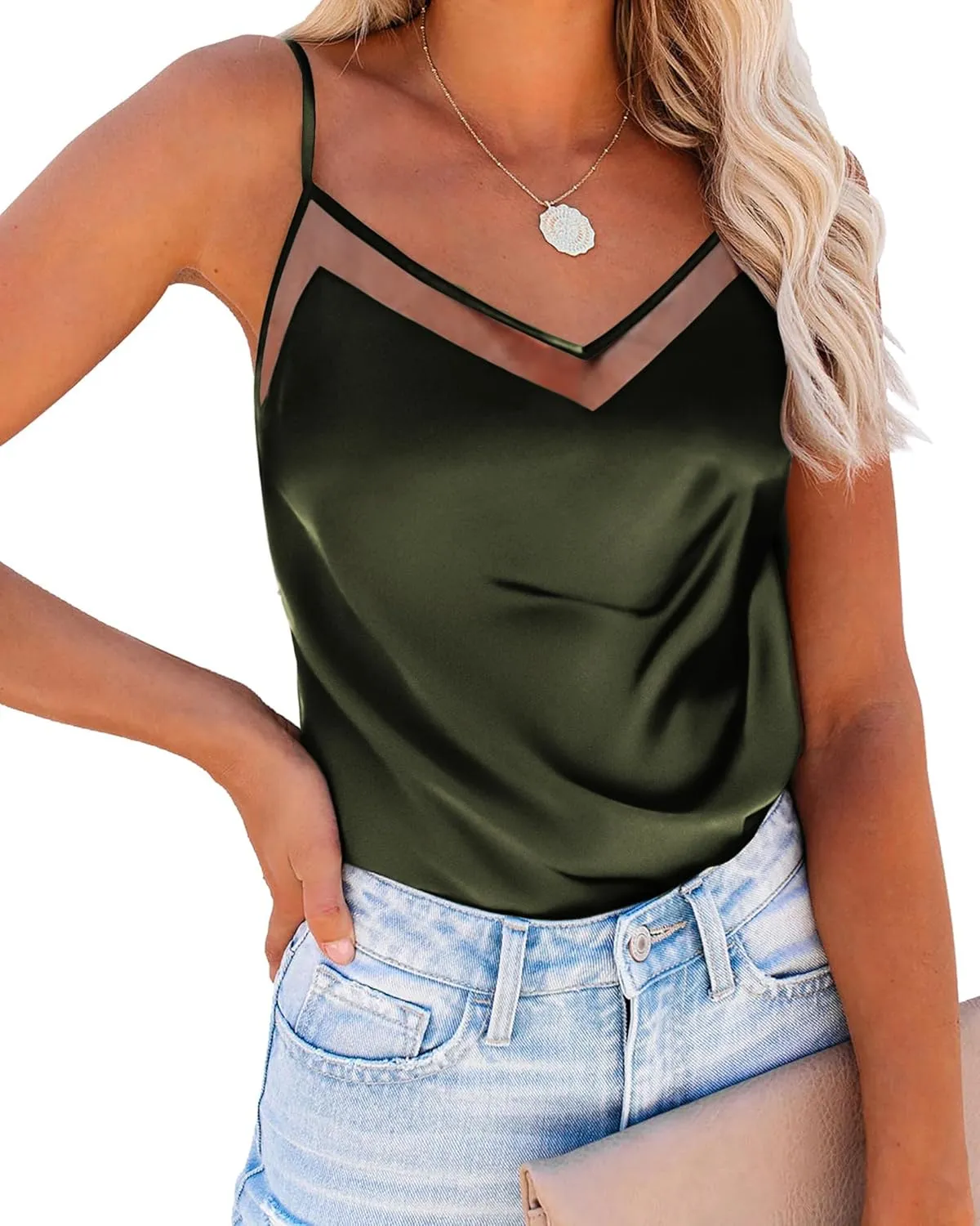 Ekouaer Silk Tank Top for Women Mesh V Neck Satin Camisole Silky Sleeveless Tank Cami Shirt