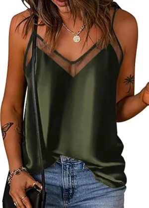 Ekouaer Silk Tank Top for Women Mesh V Neck Satin Camisole Silky Sleeveless Tank Cami Shirt