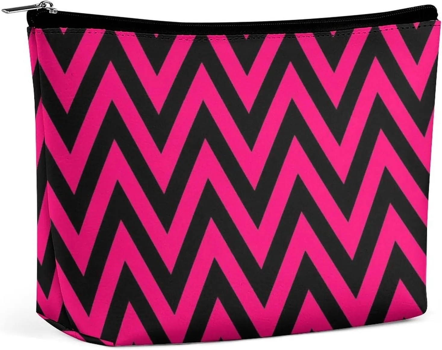 Elegant Makeup Bag, Black and Hot Pink Chevron, Zig Zag Pattern Cosmetic Bag Large Capacity Pouch Portable Organizer for Men & Women