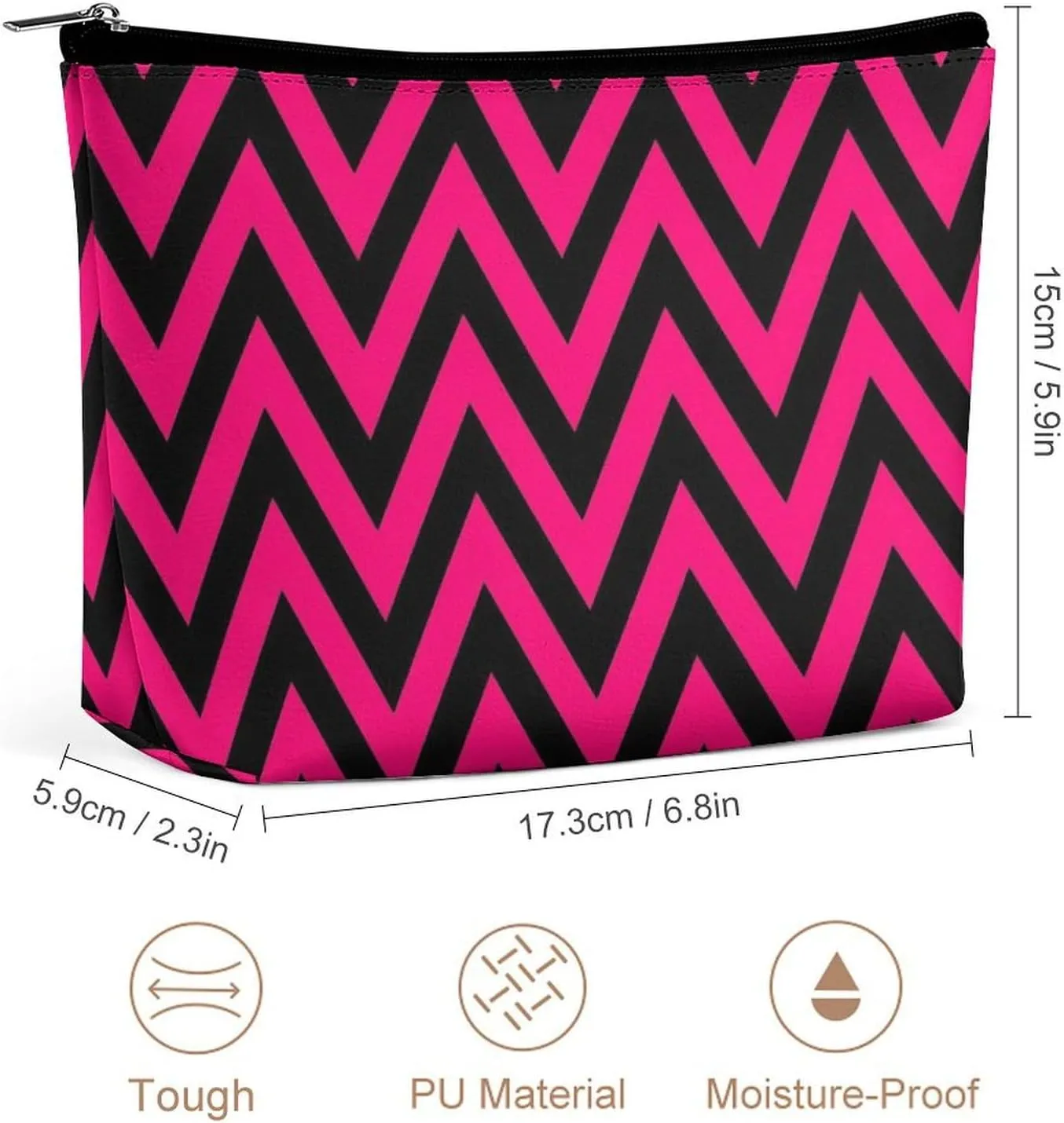 Elegant Makeup Bag, Black and Hot Pink Chevron, Zig Zag Pattern Cosmetic Bag Large Capacity Pouch Portable Organizer for Men & Women