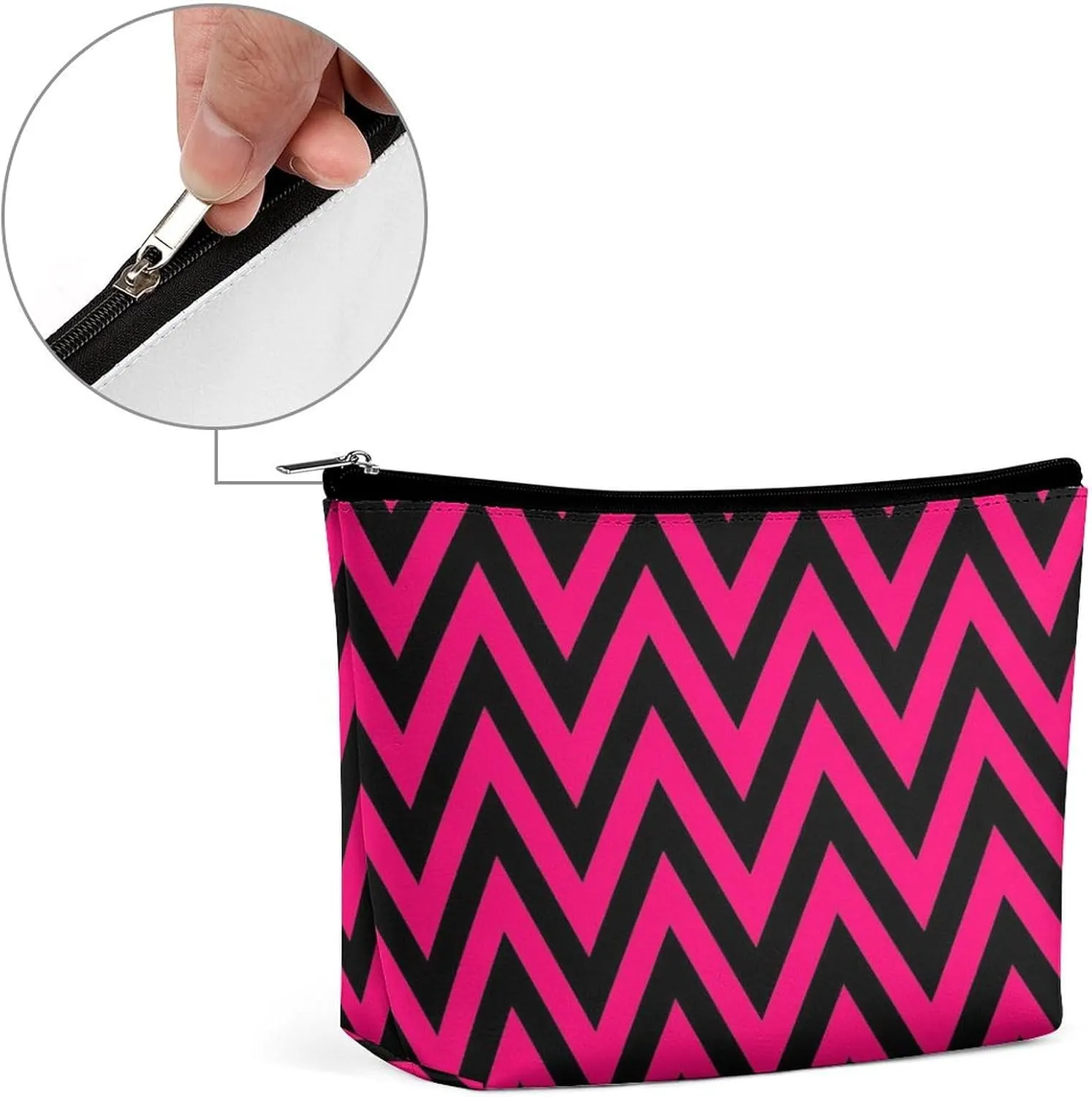 Elegant Makeup Bag, Black and Hot Pink Chevron, Zig Zag Pattern Cosmetic Bag Large Capacity Pouch Portable Organizer for Men & Women
