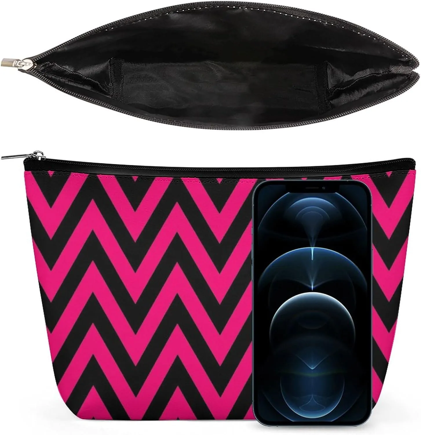 Elegant Makeup Bag, Black and Hot Pink Chevron, Zig Zag Pattern Cosmetic Bag Large Capacity Pouch Portable Organizer for Men & Women