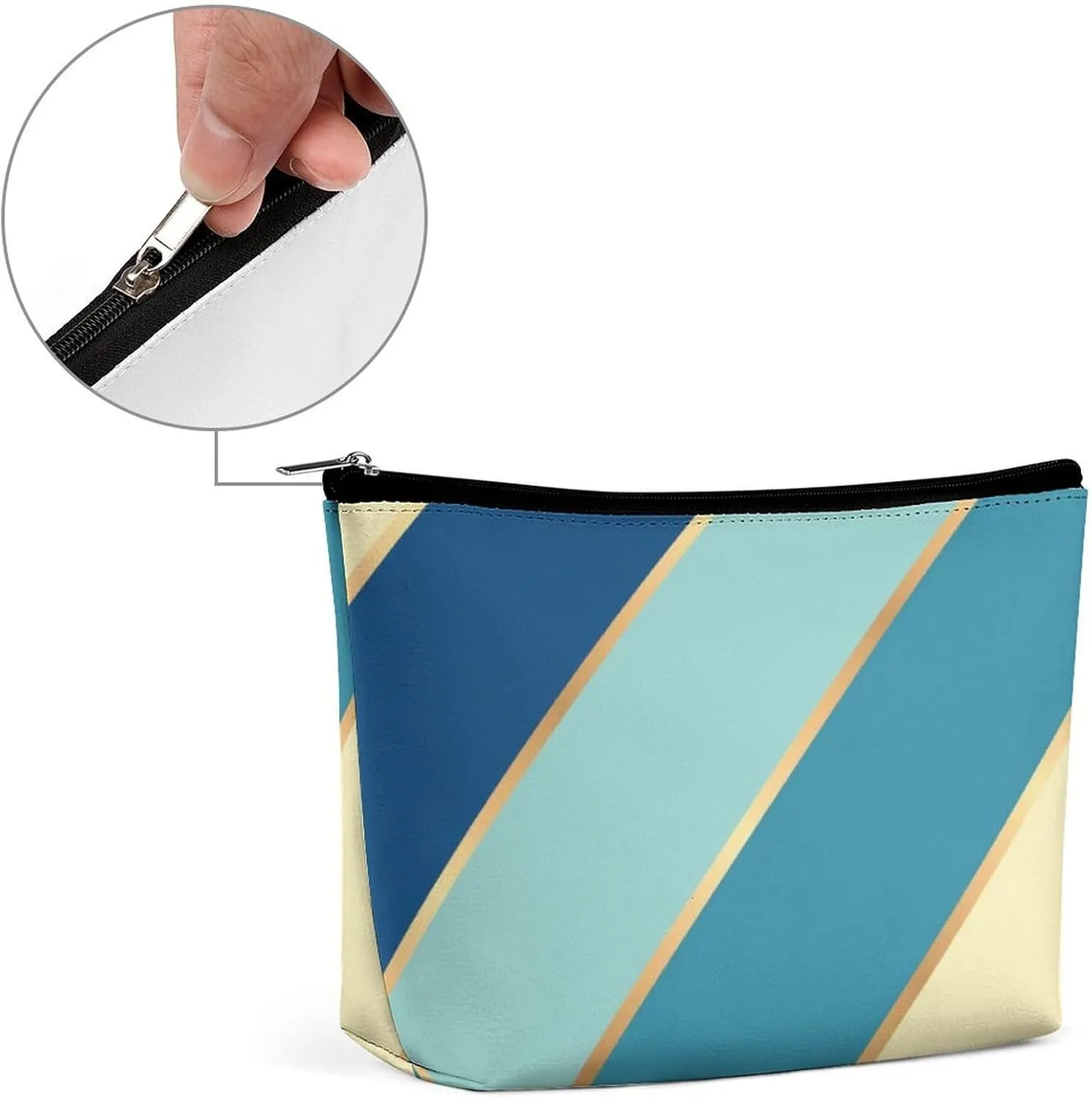 Elegant Makeup Bag, Blue Teal Green Yellow Gold Stripes Cosmetic Bag Large Capacity Pouch Portable Organizer for Men & Women