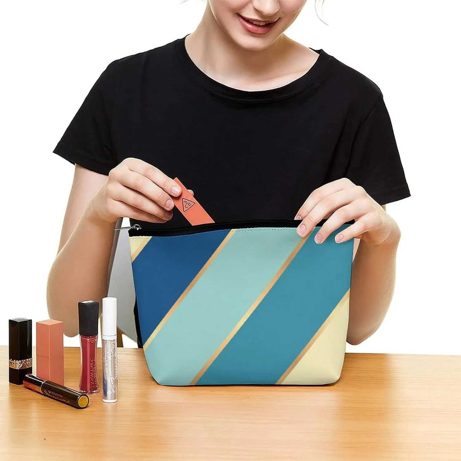 Elegant Makeup Bag, Blue Teal Green Yellow Gold Stripes Cosmetic Bag Large Capacity Pouch Portable Organizer for Men & Women