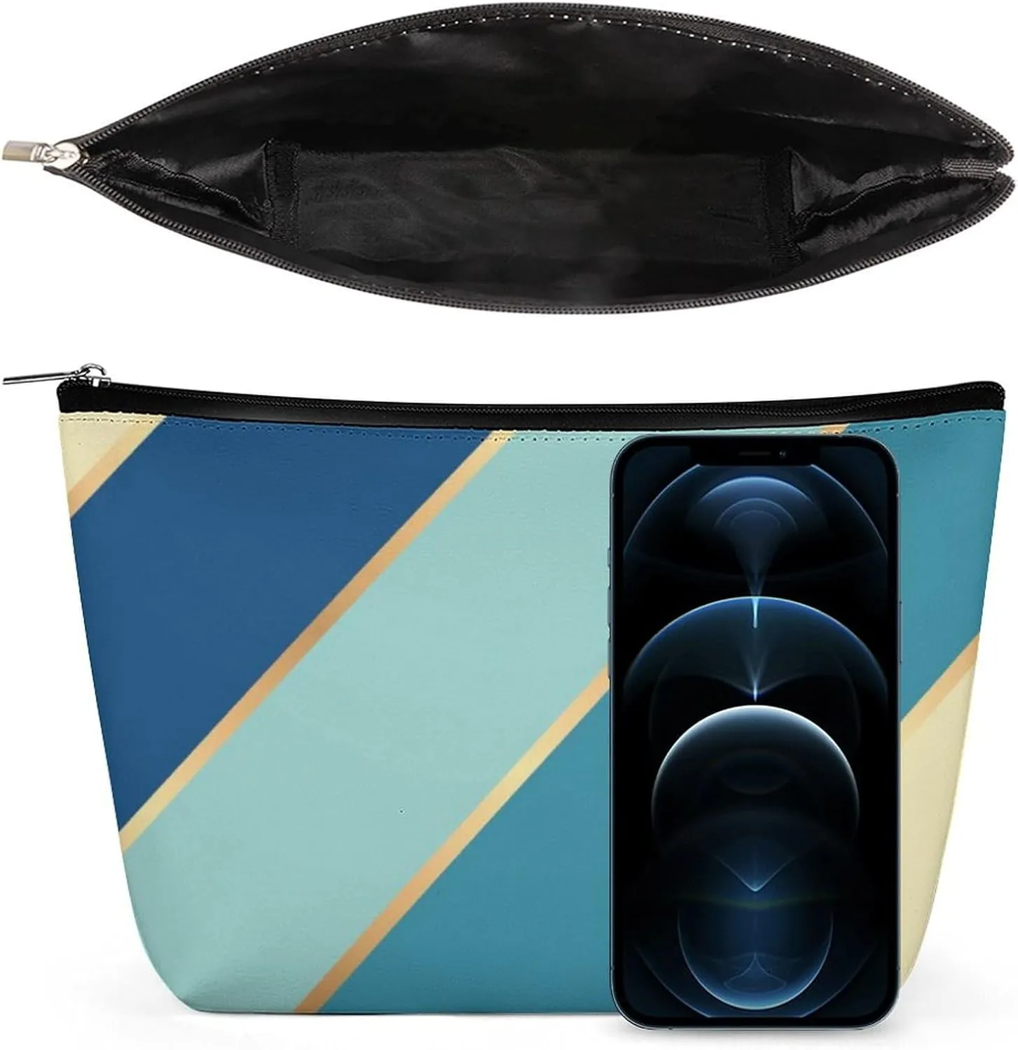Elegant Makeup Bag, Blue Teal Green Yellow Gold Stripes Cosmetic Bag Large Capacity Pouch Portable Organizer for Men & Women