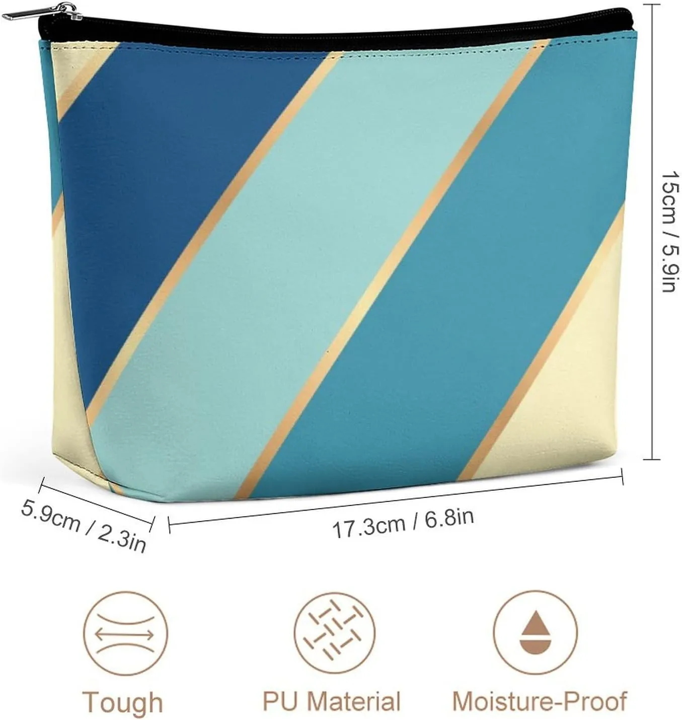 Elegant Makeup Bag, Blue Teal Green Yellow Gold Stripes Cosmetic Bag Large Capacity Pouch Portable Organizer for Men & Women