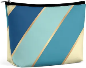 Elegant Makeup Bag, Blue Teal Green Yellow Gold Stripes Cosmetic Bag Large Capacity Pouch Portable Organizer for Men & Women