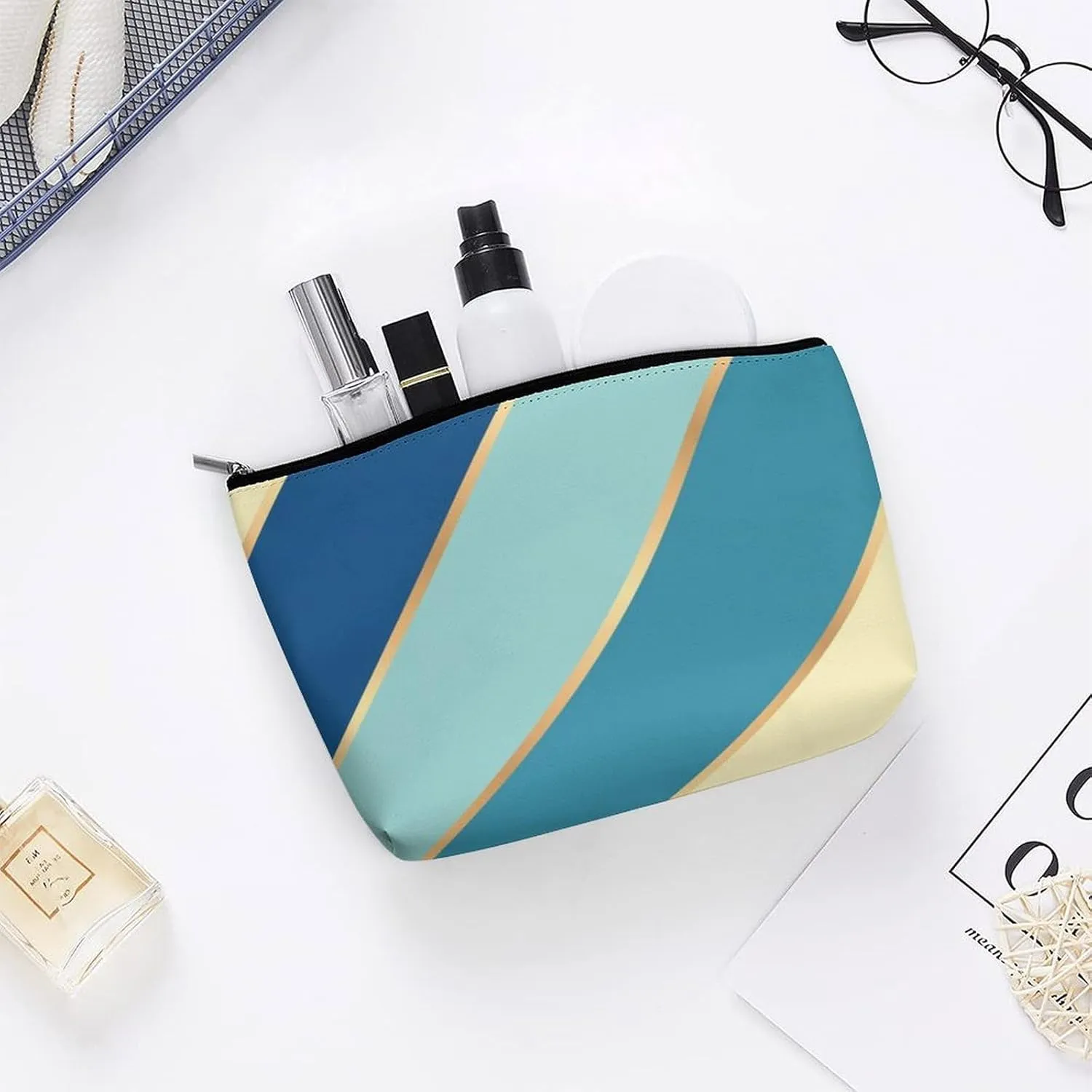 Elegant Makeup Bag, Blue Teal Green Yellow Gold Stripes Cosmetic Bag Large Capacity Pouch Portable Organizer for Men & Women