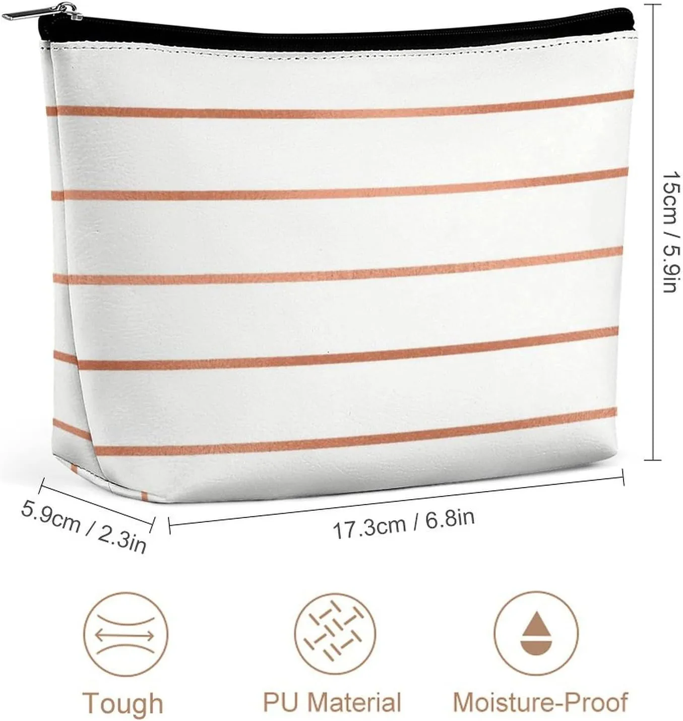Elegant Makeup Bag, White Rose Gold Blush Copper Stripes Cosmetic Bag Large Capacity Pouch Portable Organizer for Men & Women